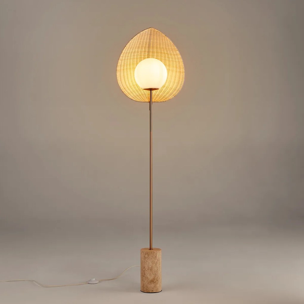 Vloerlamp van opaline, rotan en travertijn Javana