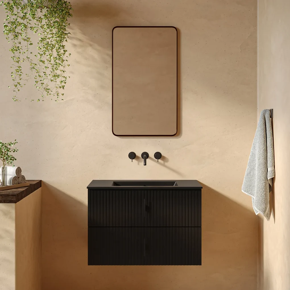 Muebles Marbella badmeubel ribbelfront 80cm zwart mat met zwarte wastafel zonder kraangat