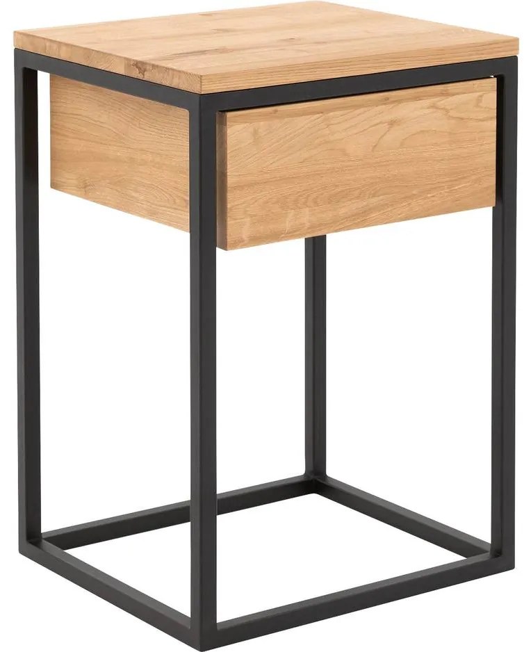 Goossens Nachtkastje Ord, Metaal ral 9005 zwart, met lade en bovenblad massief eik, 40 x 35 x 57 cm hoog