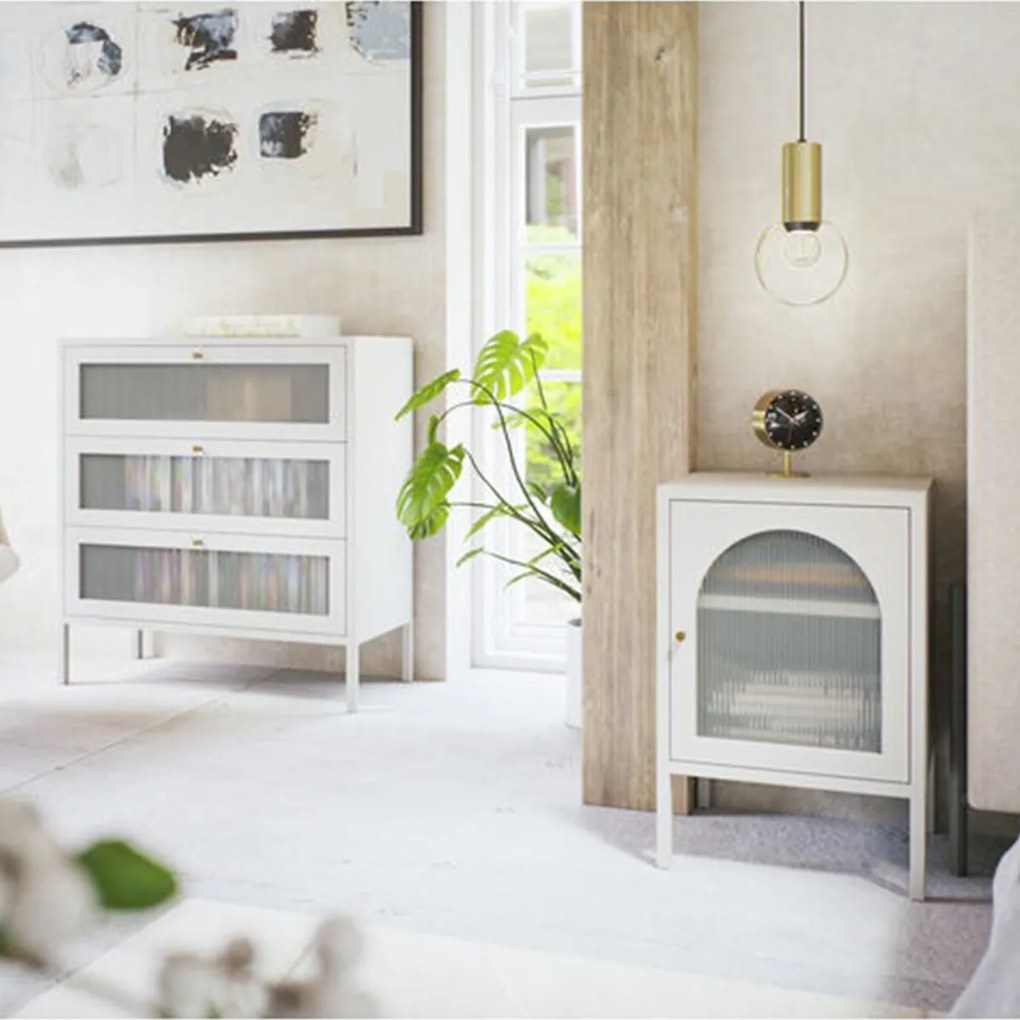 Kare Design Naxos Klepdeuren Kast Off White Met Ribbelglas - 85x35x80cm.