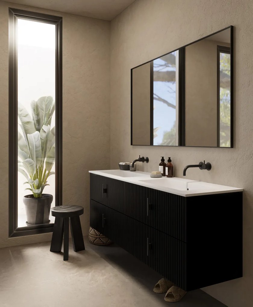Muebles Avila badmeubel ribbelfront 160cm zwart mat met dubbele wastafel zonder kraangaten