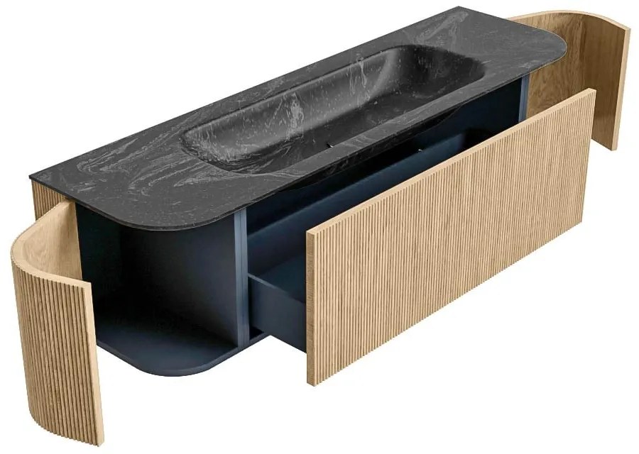 Mondiaz Kurve-dlux 160cm badmeubel ronding links/rechts oak met 1 lade en 2 deuren en wastafel big medium midden zonder kraangat lava