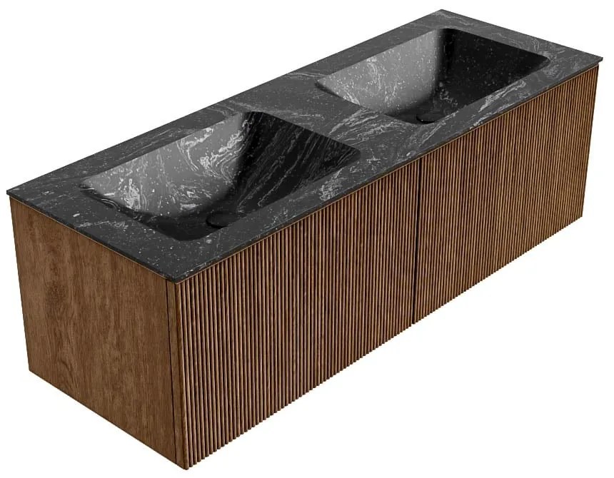 Mondiaz Kurve-dlux 130cm badmeubel walnut met 2 lades en wastafel leaf dubbel 2 kraangaten lava