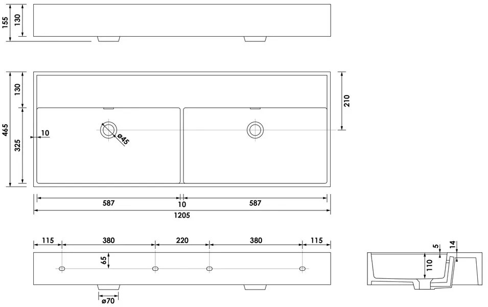 Brauer Lunar dubbele wastafel keramiek 120cm zonder kraangaten zwart mat