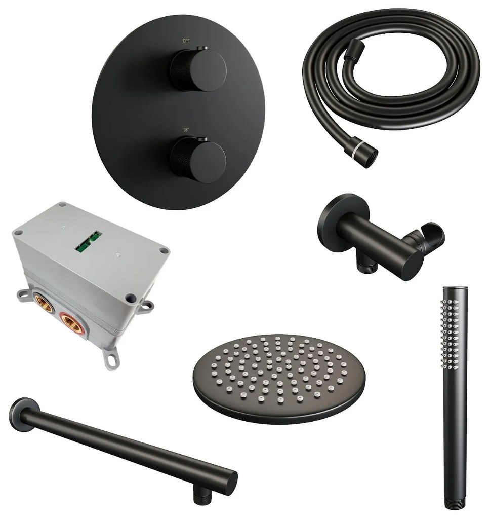 Brauer Black Carving thermostatische inbouw regendouche met staafhanddouche, rechte muurarm en hoofddouche 20cm set 73 zwart mat
