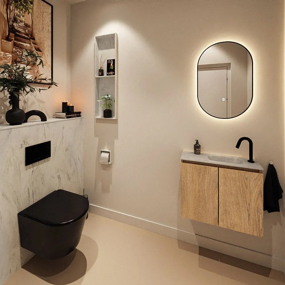 Mondiaz Ture DLux toiletmeubel 60cm washed oak met wastafel opalo rechts met kraangat