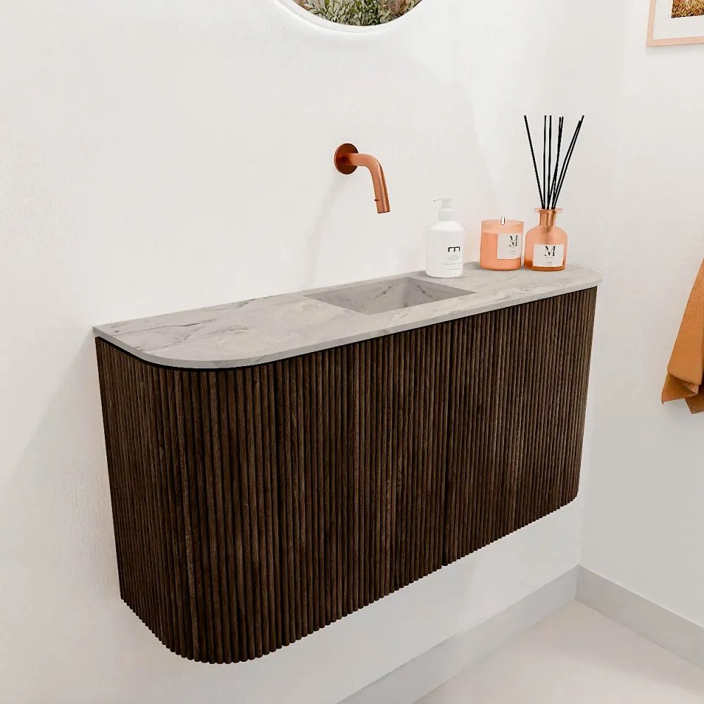 Mondiaz Joya DLux 85cm toiletmeubel ronding links/rechts walnut met wastafel faye midden zonder kraangat glace