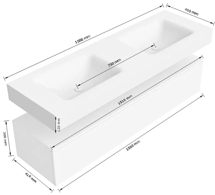 Zaro Alan badmeubel 150cm sand met 1 lade en vrijhangende wastafel dubbel met 2 kraangaten wit mat