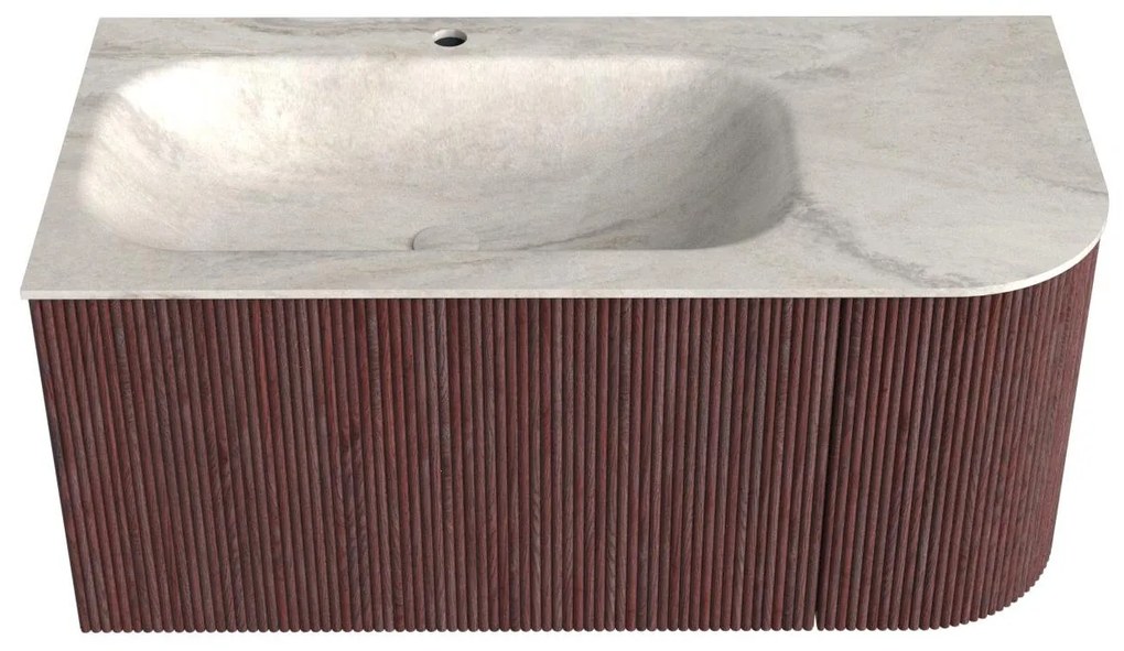Mondiaz Kurve-dlux 95cm badmeubel ronding rechts ruby met 1 lade en deur en wastafel big small kraangat links ostra
