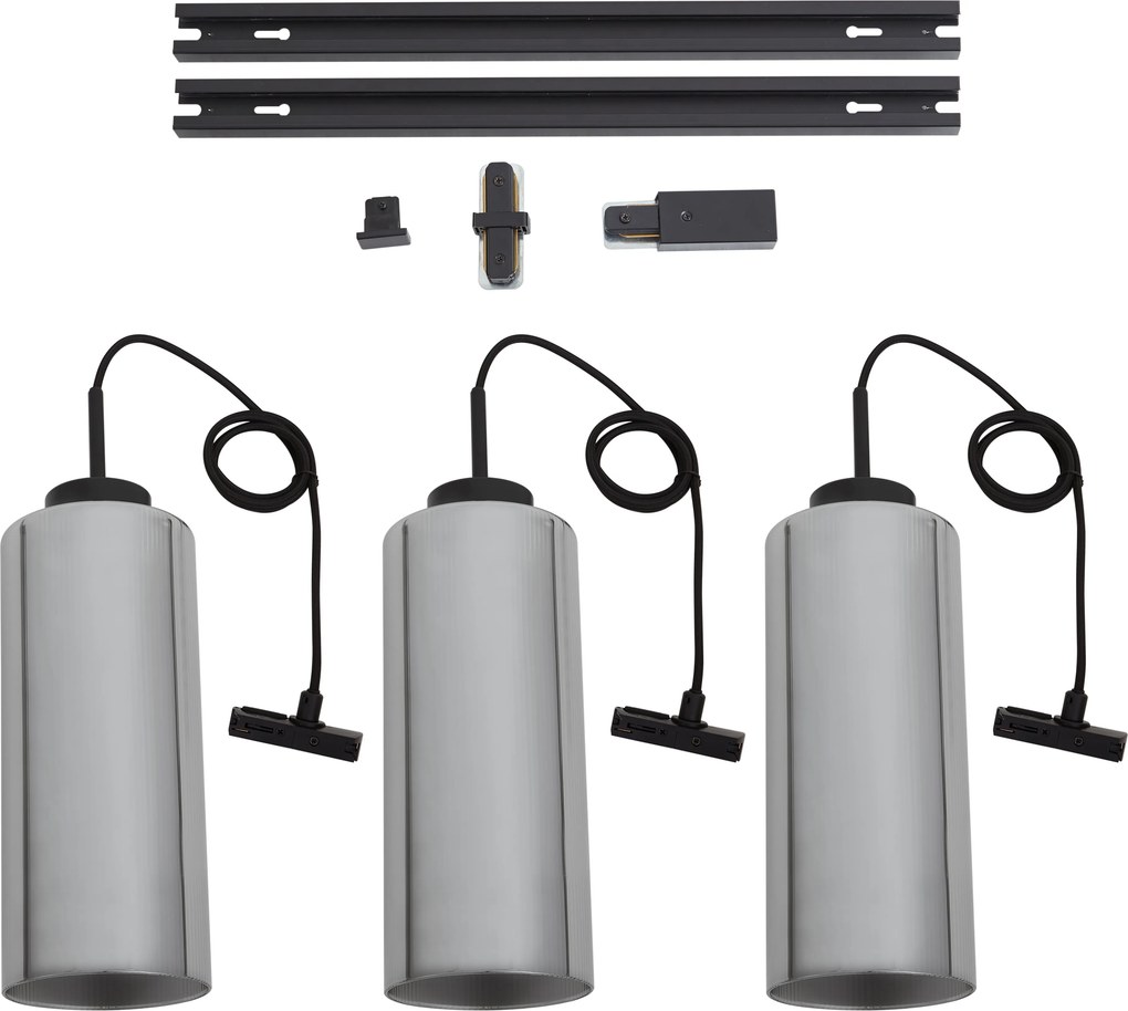 Modern railsysteem zwart met 3 hanglampen smoke glas 1-fase - Iconic Laura