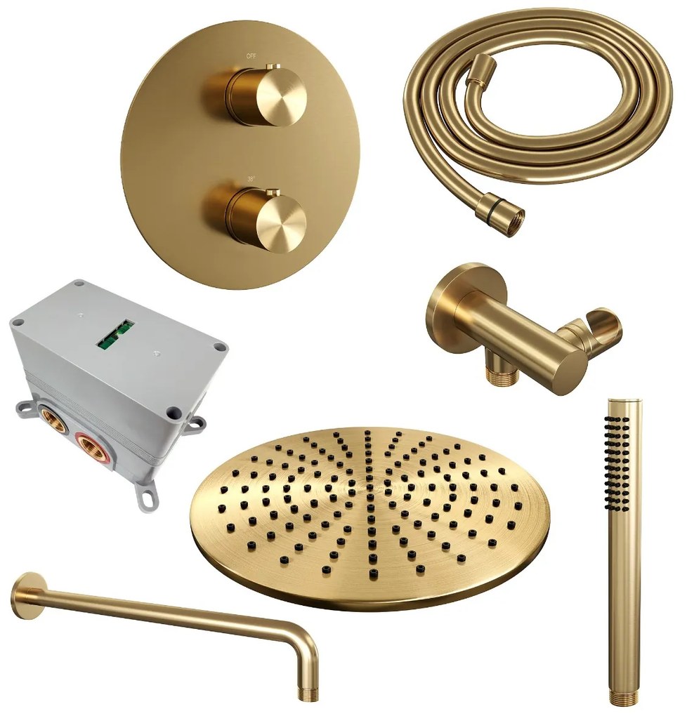 Brauer Gold Edition thermostatische inbouw regendouche met staafhanddouche, gebogen muurarm en hoofddouche 30cm set 76 messing geborsteld PVD