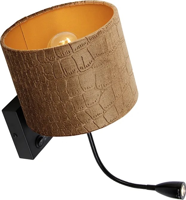 Wandlamp zwart met velours kap krokodil dessin 18cm - Brescia