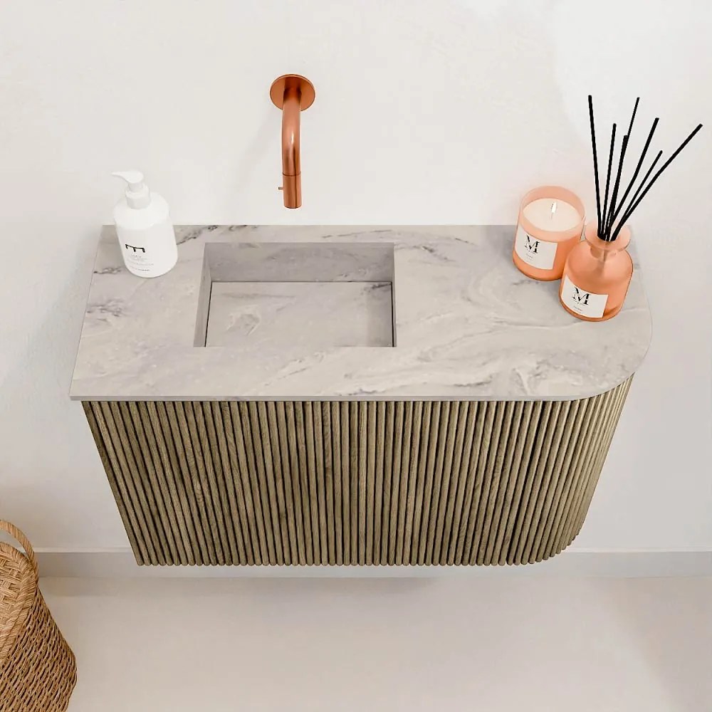 Mondiaz Joya DLux 60cm toiletmeubel ronding rechts dusk met wastafel faye links zonder kraangat glace