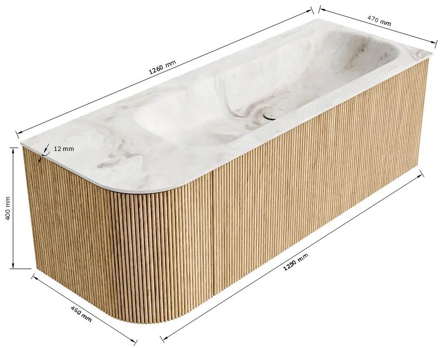 Mondiaz Kurve-dlux 125cm badmeubel ronding links walnut met 1 lade en deur en wastafel big medium kraangat rechts glace