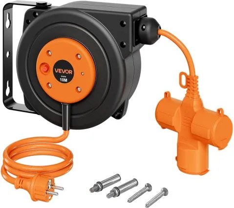 VEVOR Kabelhaspel 10 m 3000 W Automatische Kabeloproller 16 AWG/3-aderig, voor plafond-/wandmontage, 3 stopcontacten, oververhittingsbeveiliging tot 56 °C, verlicht drievoudig stopcontact, met 180° draaibare beugel