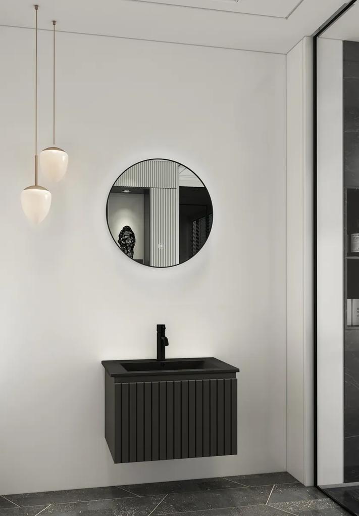 Fontana Lento zwart badmeubel ribbelfront 60cm met zwarte wastafel 1 kraangat en ronde spiegel