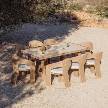 Rechthoekige Eettafelset 200x100 Cm Van Acaciahout En Dubai-tegels Met 8 Tuinstoelen Van Synthetisch Riet Omarel Tapioca Beige - Sklum