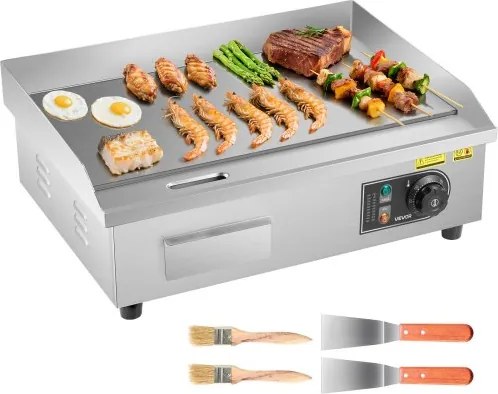 VEVOR Elektrische Grill Commerciële Bakplaat (535 x 300 mm) 3200 W met 50-300 °C instelbare temperatuurregeling, bakplaat met 2 spatels, 2 borstels en 4 voetpads voor biefstuk