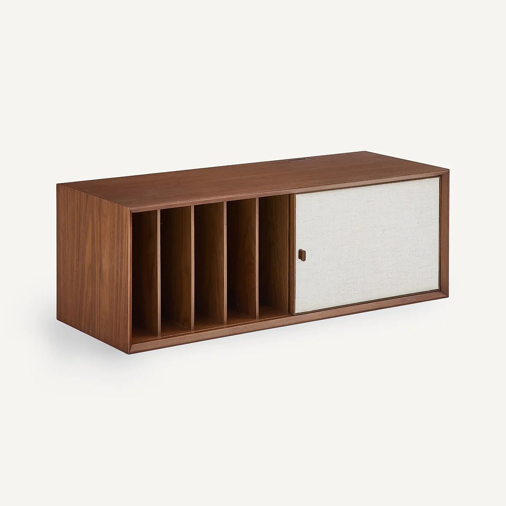Vinylkast, B110 x D42 cm, walnootfineer en stof, ARCHIVITA XL