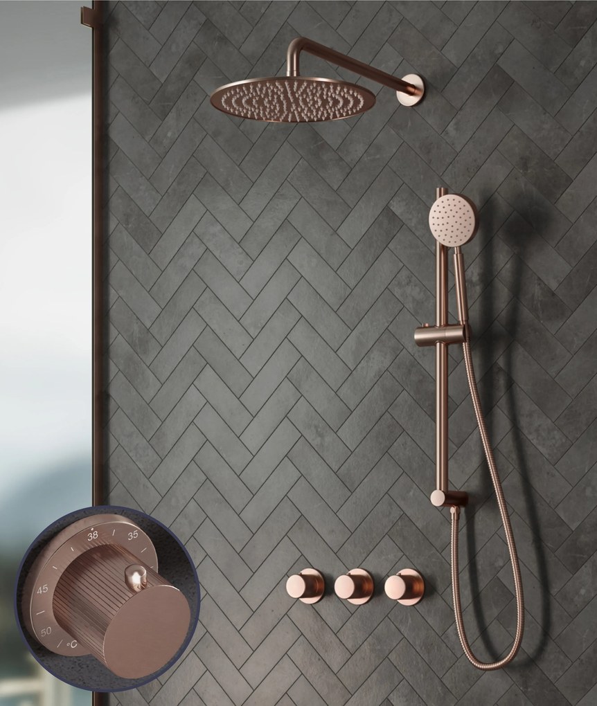 Saniclear Plus Stripes inbouw regendouche met 30cm hoofddouche, muurarm en glijstang geborsteld koper