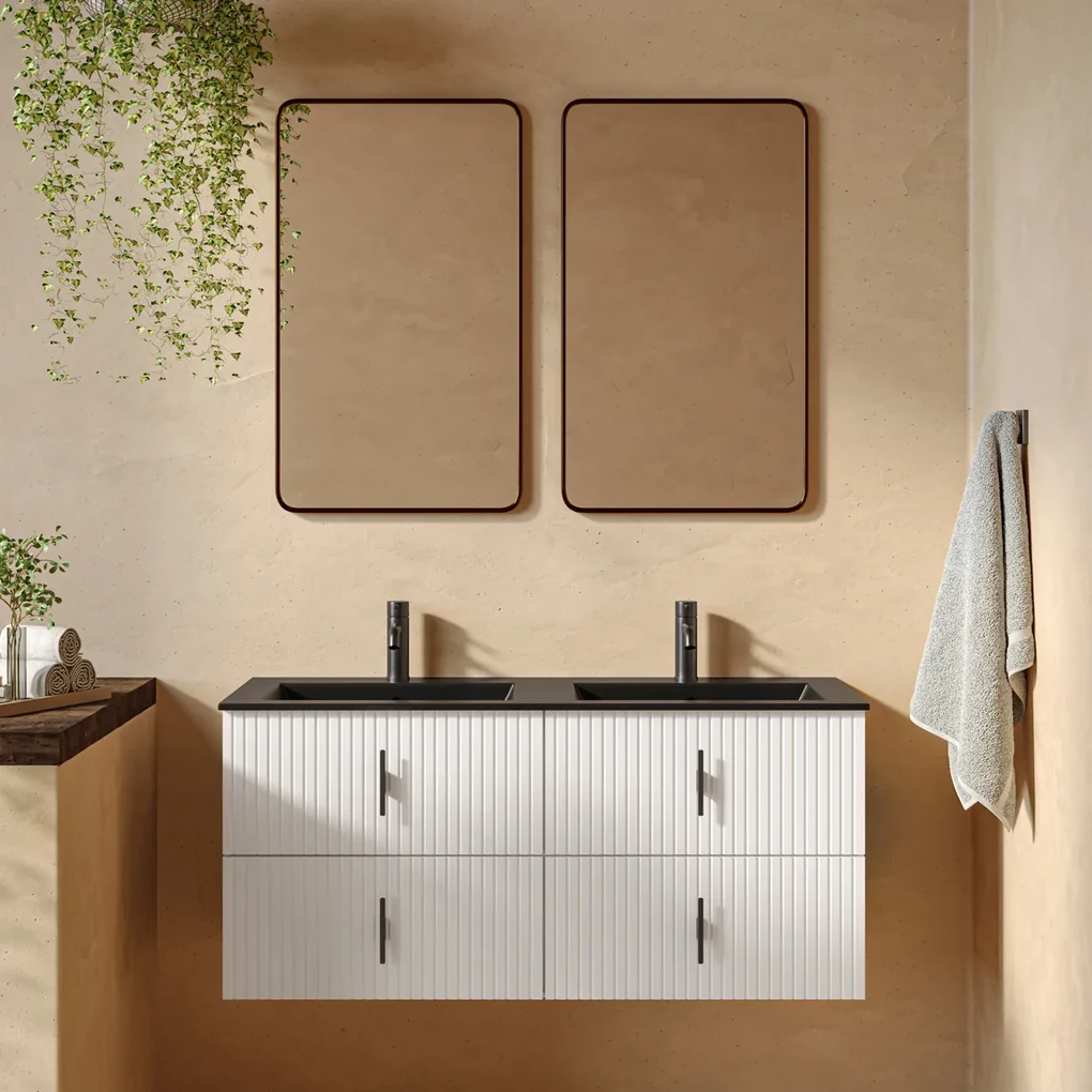 Muebles Marbella badmeubel ribbelfront 120cm wit mat met zwarte wastafel met kraangat
