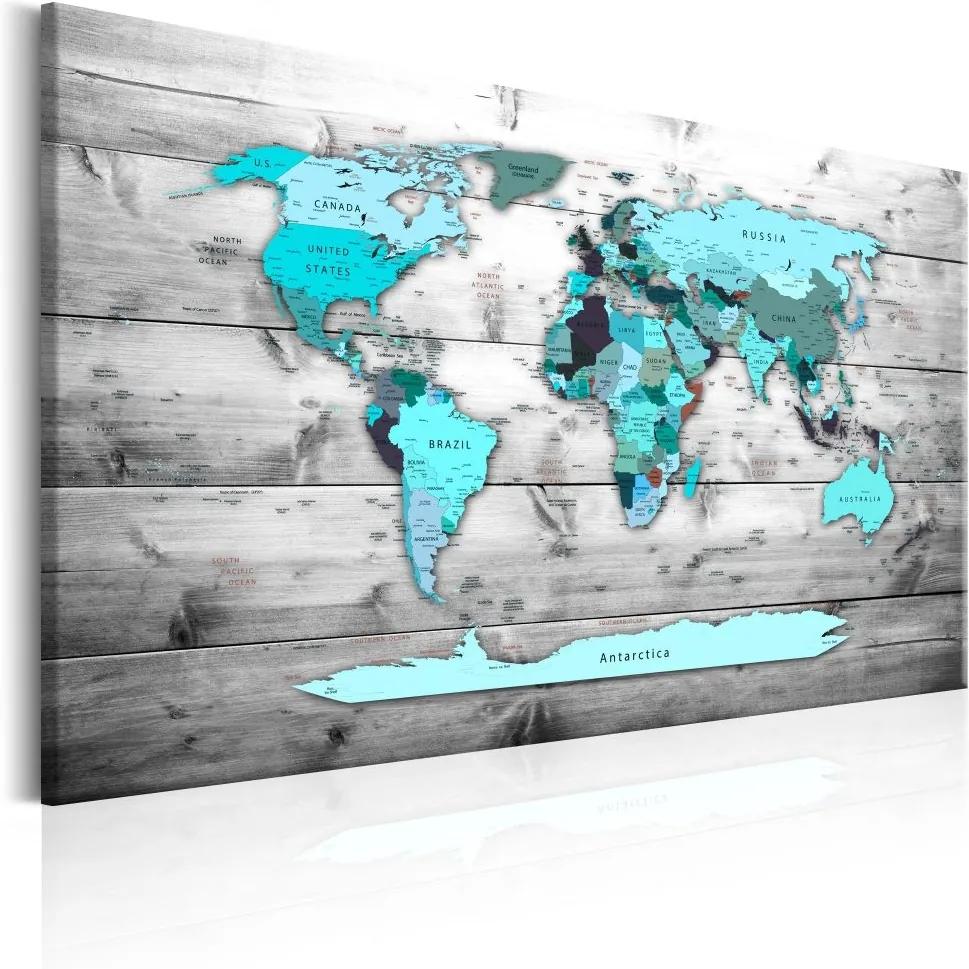 Schilderij - Wereldkaart , Blauwe wereld , houtlook