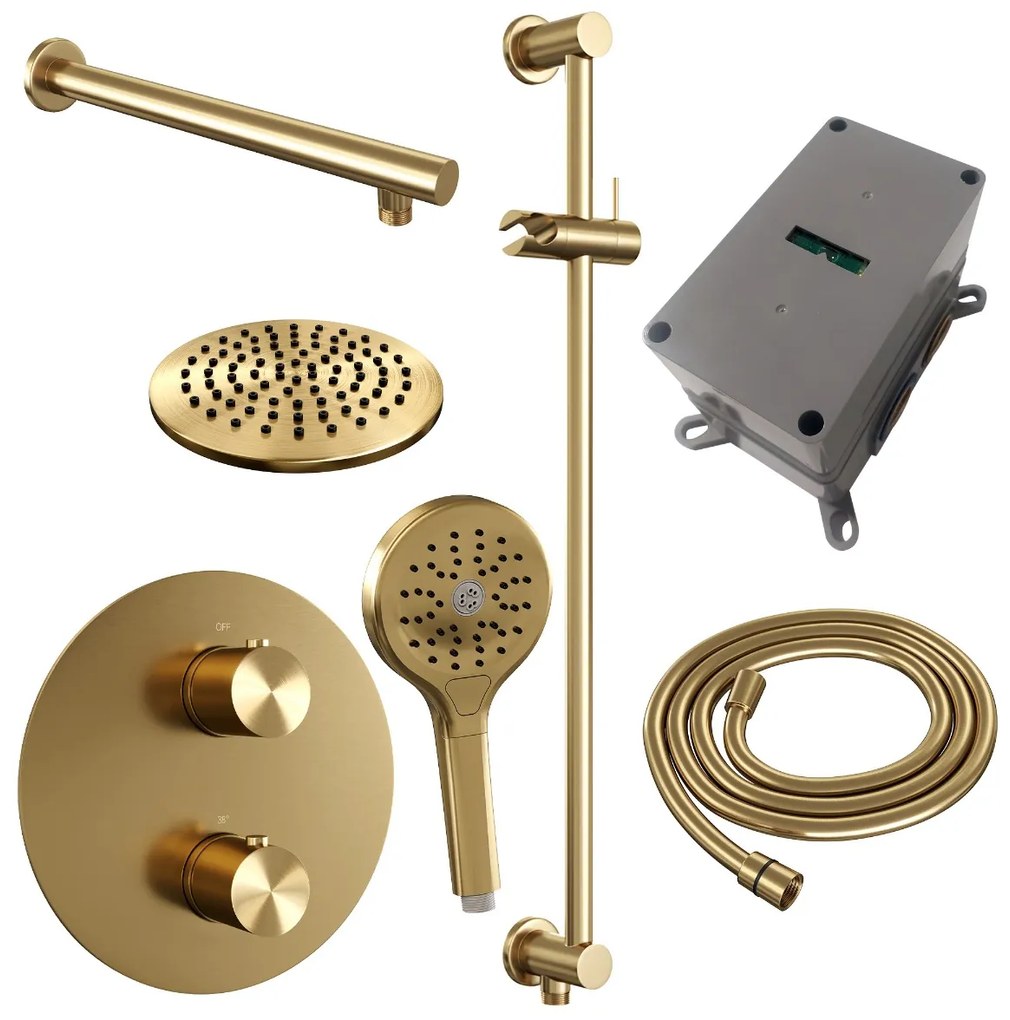 Brauer Gold Edition thermostatische inbouw regendouche met 3 standen handdouche, rechte muurarm, glijstang en hoofddouche 20cm set 91 messing geborsteld PVD