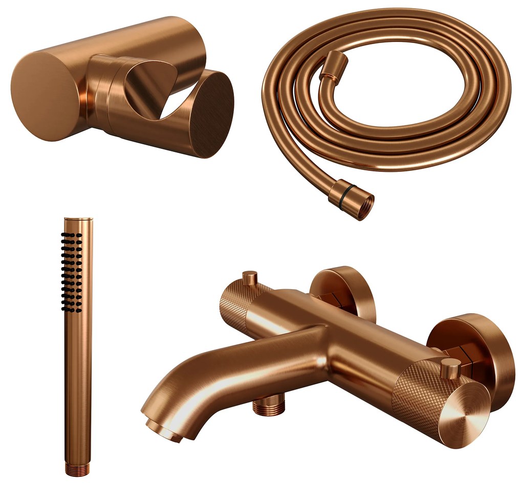 Brauer Copper Carving thermostatische badkraan met wandhouder en staafhanddouche geborsteld koper PVD