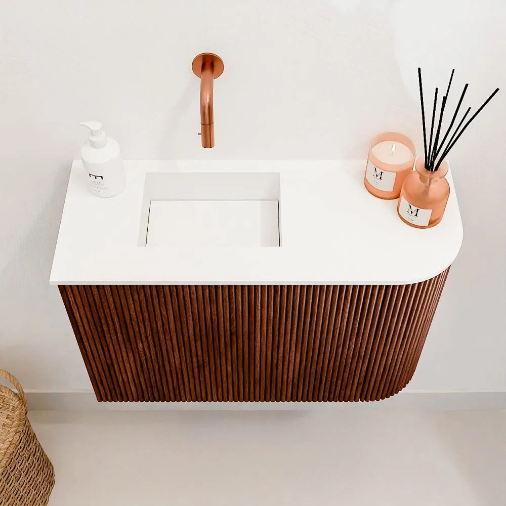 Mondiaz Joya 60cm toiletmeubel ronding rechts ruby met wastafel faye links zonder kraangat talc