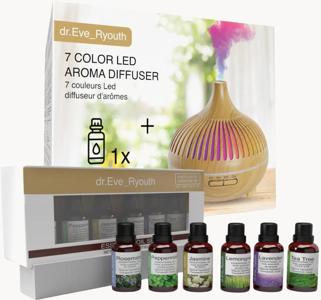 LED aroma diffuser Tranquil Experience met etherische oliën set, 8-delig