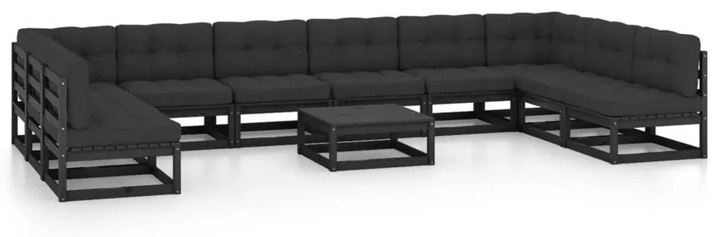 vidaXL 11-delige Loungeset met kussens massief grenenhout zwart