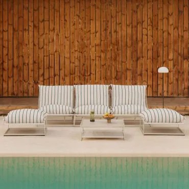 Amaro Tuinset Met Modulaire 3-delige Bank, Bijzettafel En 2 Omvormbare Poefs Tapioca Beige - Marine Blauw - Sklum