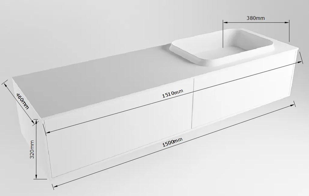 Mondiaz Erin 150cm badmeubel Greey met 2 lades en witte wastafel rechts 1 kraangat