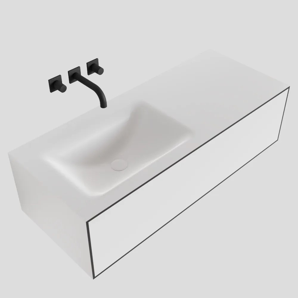 Zaro Lagom volledig naadloos solid surface onderkast 110cm mat zwart met 1 lade Push tot open. Compleet met solid surface wastafel met 0 kraangat(en)