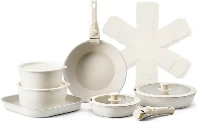 VEVOR Inductiepannenset (17 stuks) met glazen deksel, antiaanbakpannen met afneembare handgreep, inductiekookpannen voor bakken, kruiden en koken (wit)