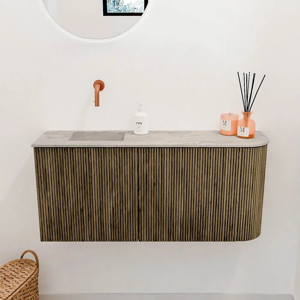Mondiaz Joya DLux 90cm toiletmeubel ronding rechts dusk met wastafel faye links zonder kraangat glace