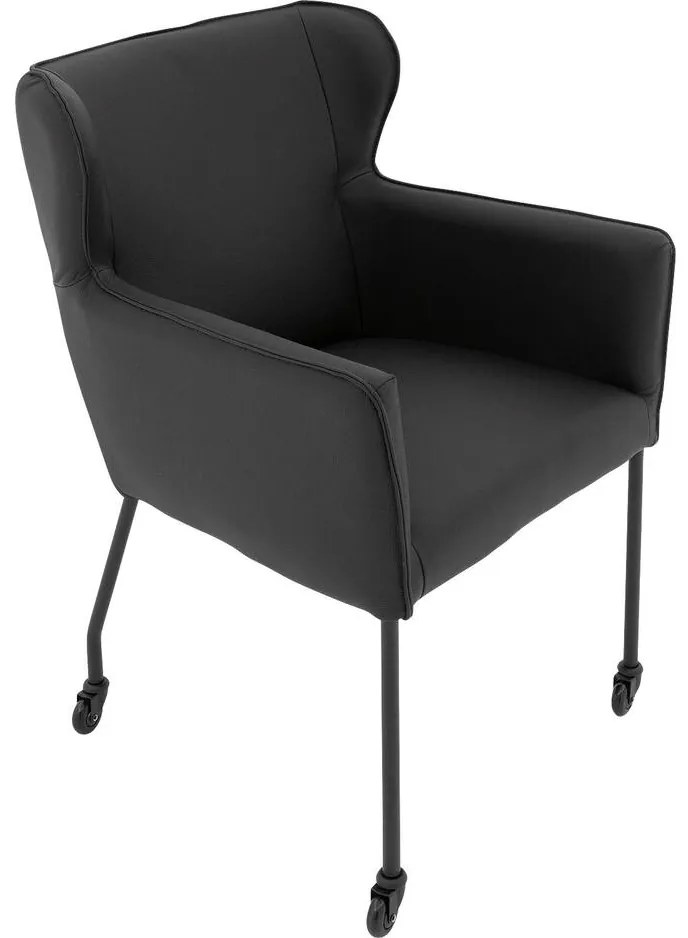 Goossens Excellent Eetkamerstoel Leogang zwart leer met armleuning en Zwart skater wiel met zwarte kapmet wielen, elegant chic