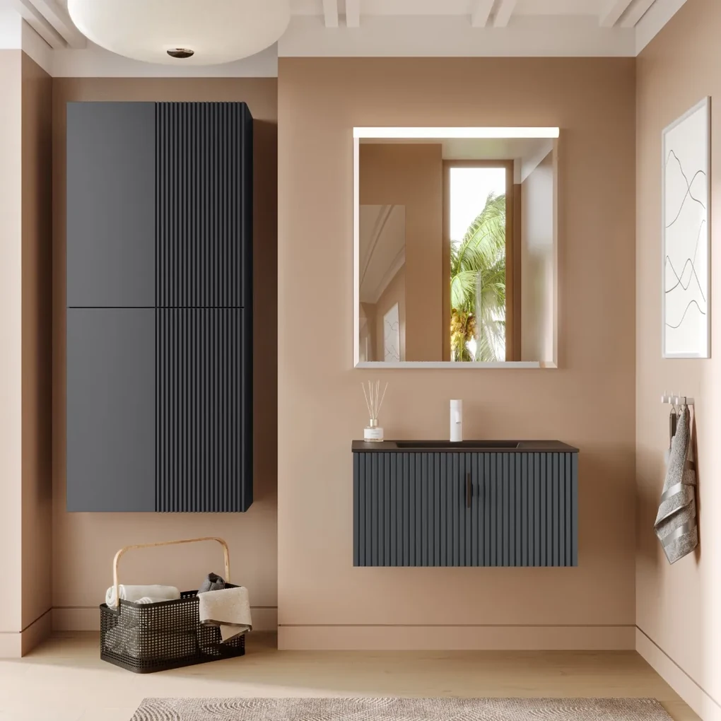 Muebles Raya badmeubel ribbelfront 80cm antraciet mat met zwarte wastafel met kraangat