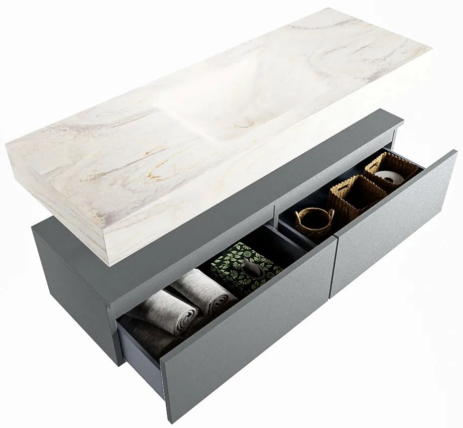 Mondiaz Alan DLux badmeubel 130cm plata 2 lades met wastafel ostra midden 1 kraangat
