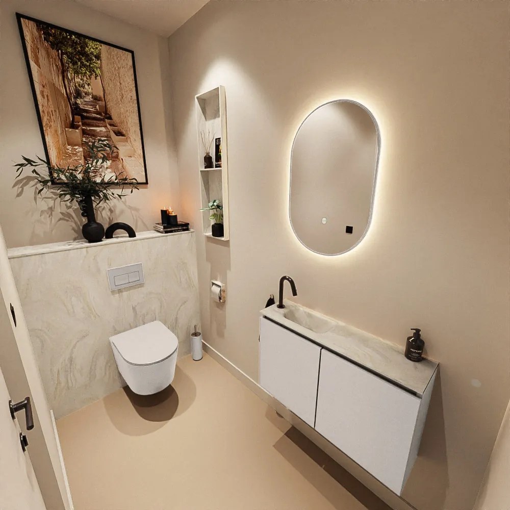 Mondiaz Ture DLux toiletmeubel 80cm linen met wastafel ostra links met kraangat