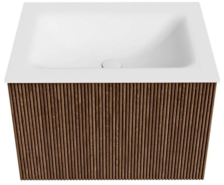 Mondiaz Kurve 60cm badmeubel walnut met 1 lade en wastafel cloud midden 1 kraangat
