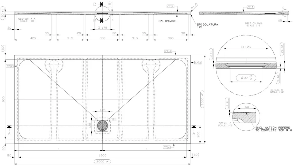 Saniclear Modo douchebak 200x100cm met stone finish lichtgrijs