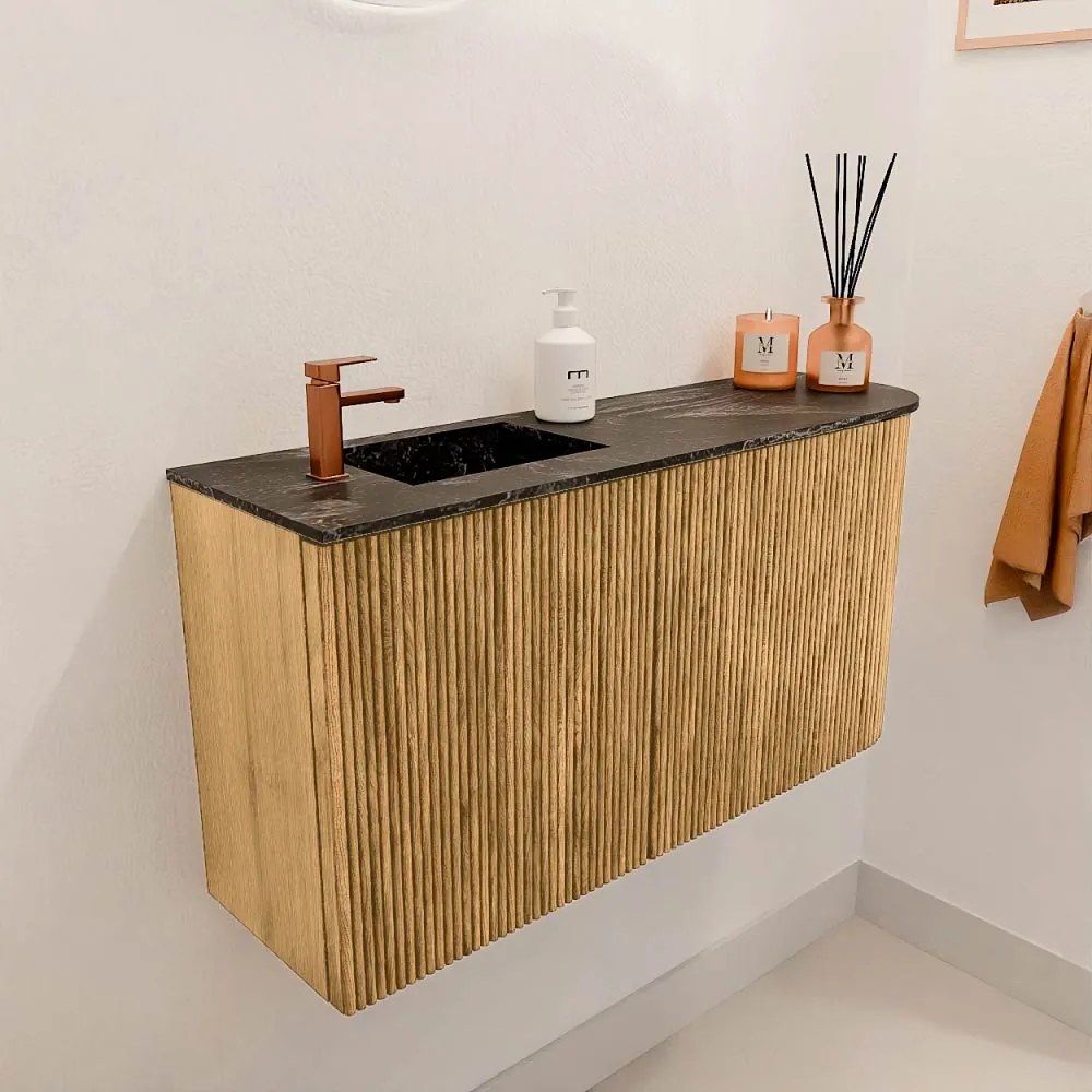 Mondiaz Joya DLux 80cm toiletmeubel ronding rechts oak met wastafel faye links 1 kraangat lava