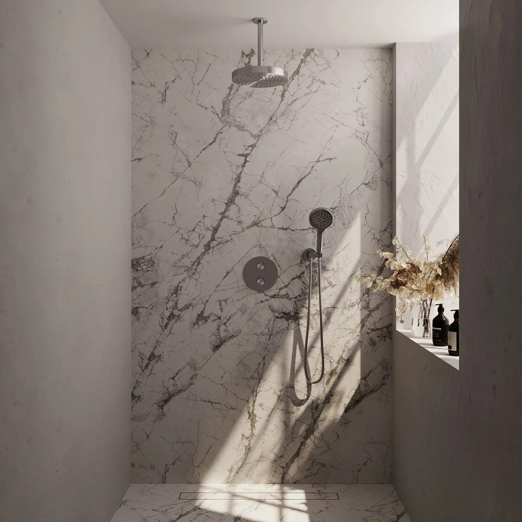 Brauer Stripe inbouw regendouche rond met 25cm hoofddouche, plafondarm en 3 standen handdouche set 42 RVS geborsteld PVD