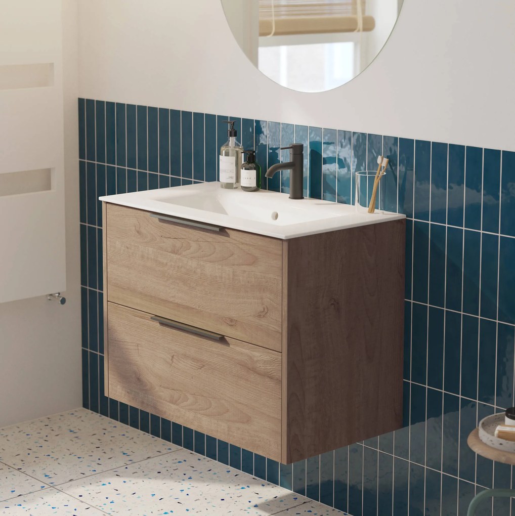 Saqu Lima badmeubel incl. glans witte keramische wastafel 80x51x61cm toffee – mat zwarte greep
