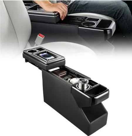 VEVOR middenconsole tussen de stoelen 510 x 180 x 355 mm gereedschapsorganizer voor pick-ups, minivans en SUV's, met schuifdeksel, bekerhouders, meerdere opbergvakken en een elegant zwart oppervlak.