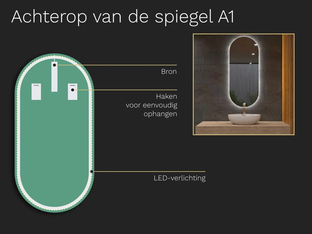 Ovale badkamerspiegel met LED verlichting A1 50x100