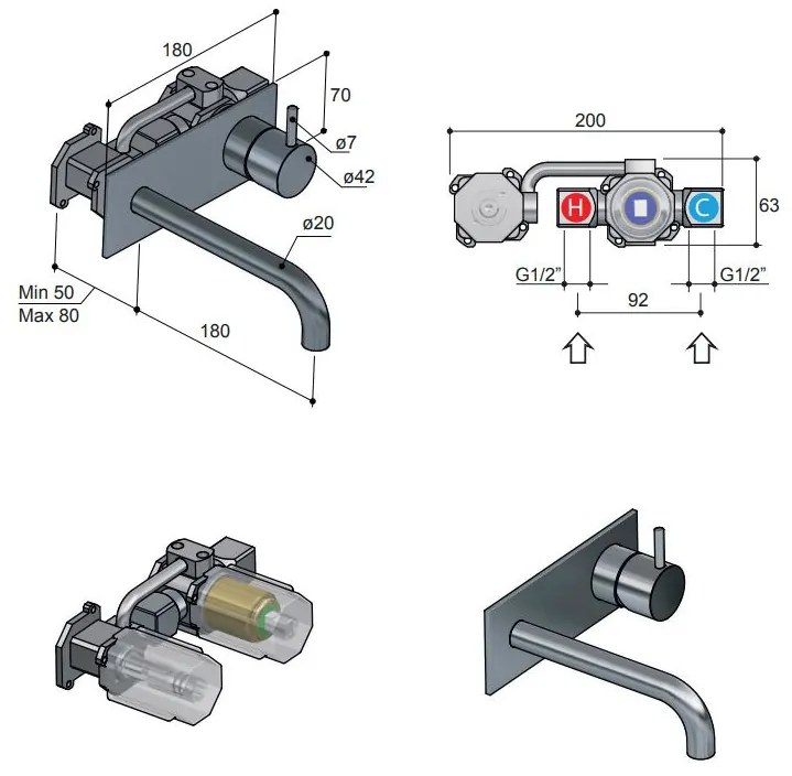 Hotbath Cobber inbouw wastafelkraan 18cm met plaat verouderd ijzer