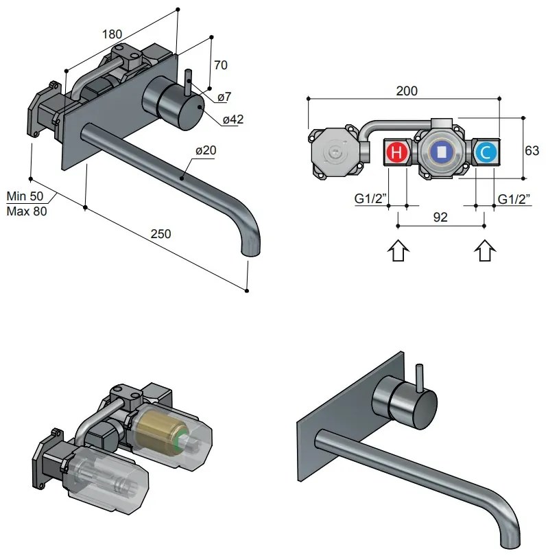 Hotbath Cobber 2-gats inbouw wastafelkraan 25cm met plaat geborsteld messing