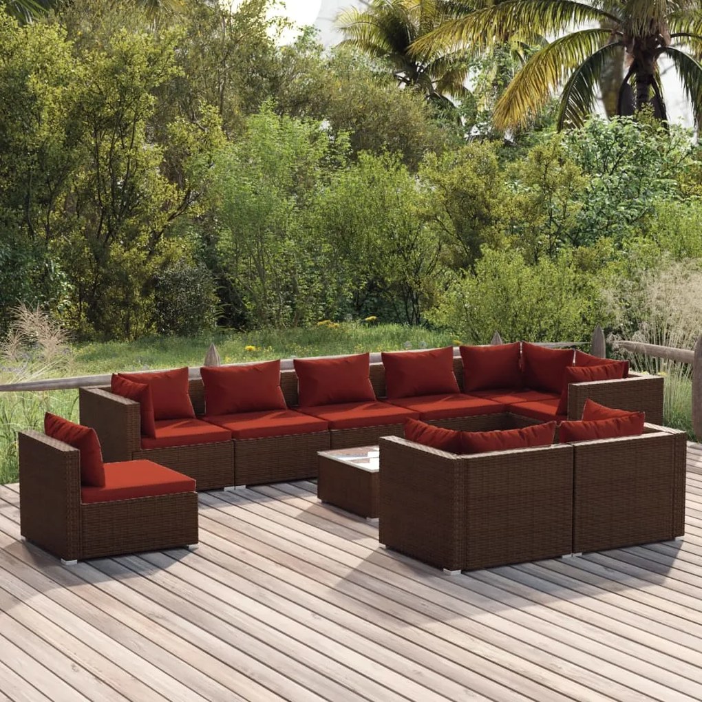 vidaXL 10-delige Loungeset met kussens poly rattan bruin